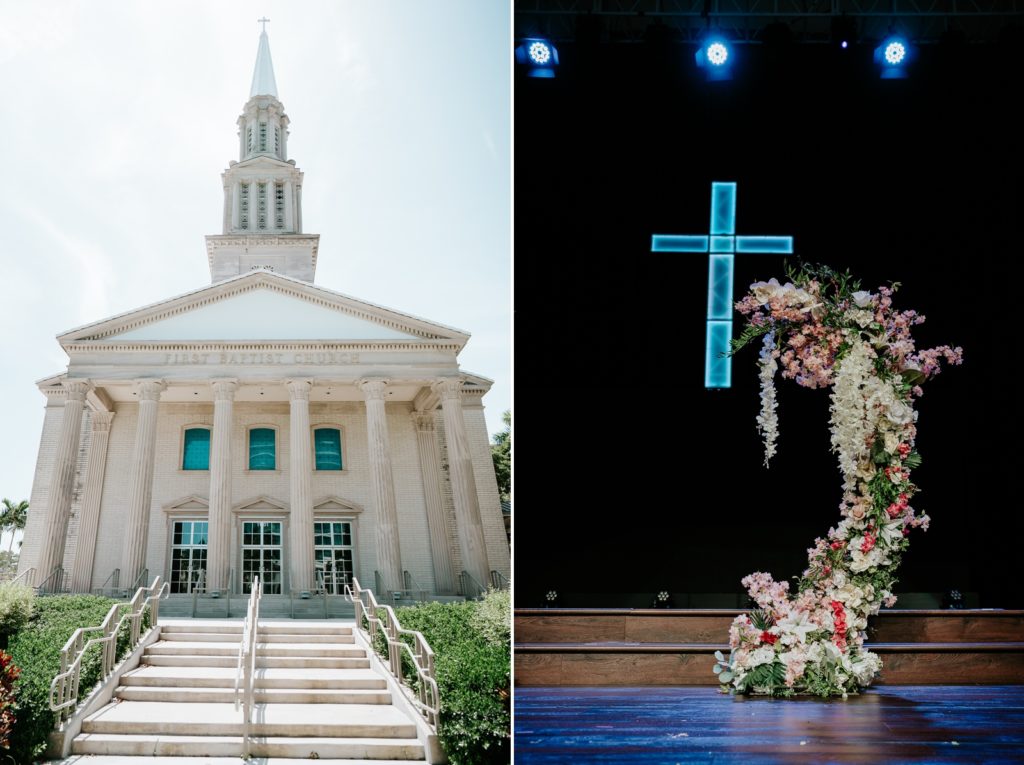 Family Church Downtown exterior and interior ceremony with neon light cross and floral arrangement
