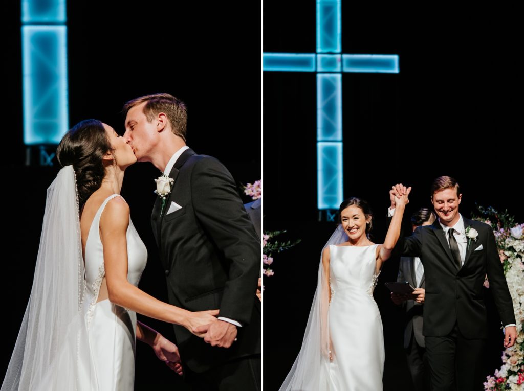 Family Church Downtown wedding first kiss with blue neon light cross