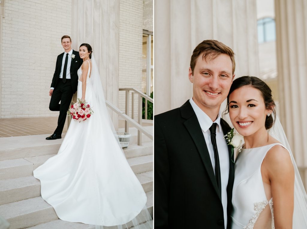 Bride and groom editorial and elegant wedding portraits on steps of Family Church Downtown West Palm Beach FL