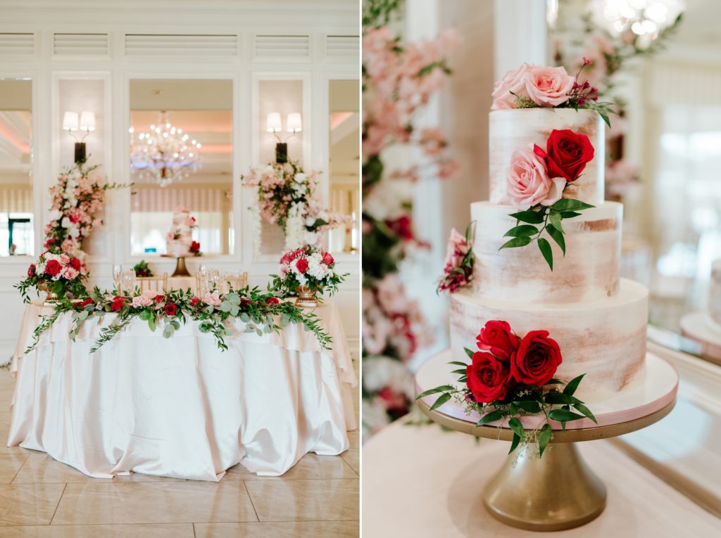 Breakers West wedding reception sweetheart table and cake with red and pink roses