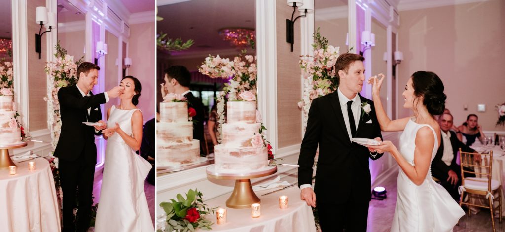 Bride and groom feed each other cake during cake cutting at Breakers West wedding reception Palm Beach FL
