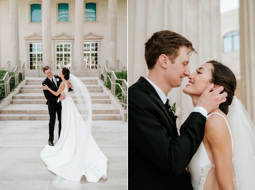 Bride and groom silly candid portraits on steps of Family Church Downtown West Palm Beach FL