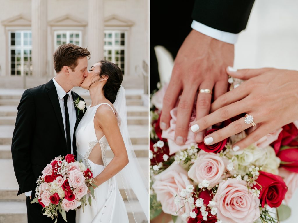 Bride and groom kiss holding pink and red rose bouquet and showing off wedding rings West Palm Beach FL