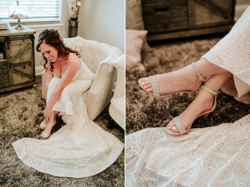 Bride in lace dress buckles rhinestone wedding shoes at Pellegrino's Salon & Spa