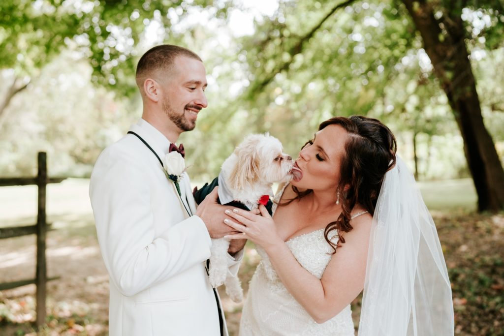 Groom holds dog as it gives bride a sloppy kiss