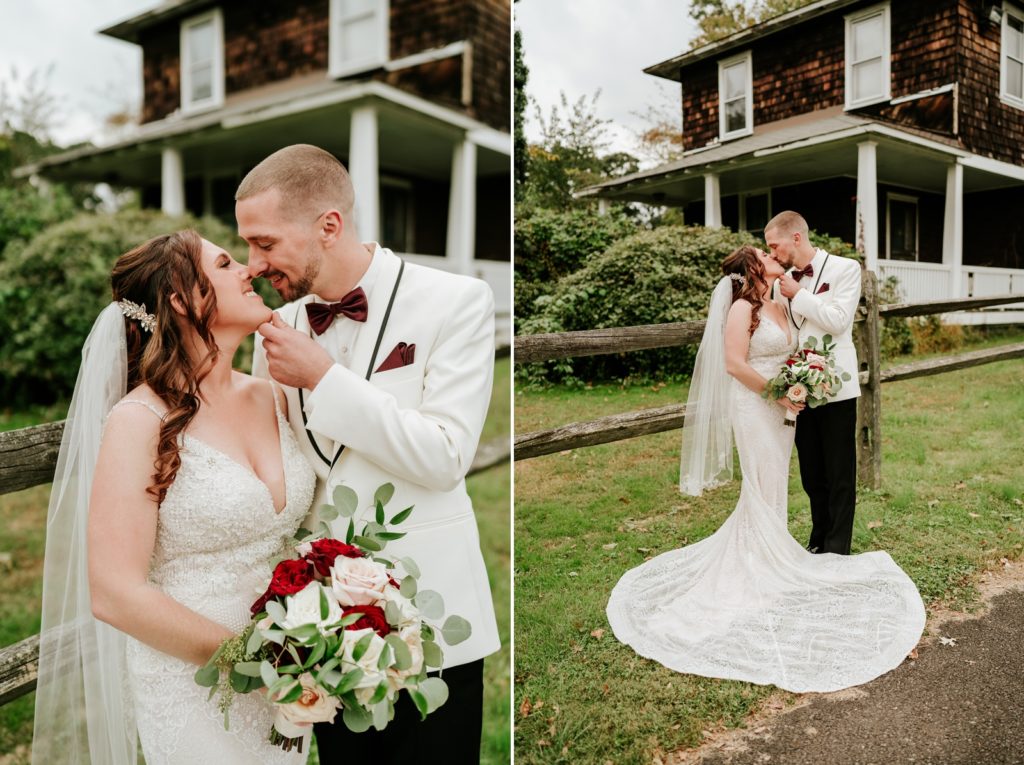 Couple kiss in front of house at Bensalen Township Country Club wedding