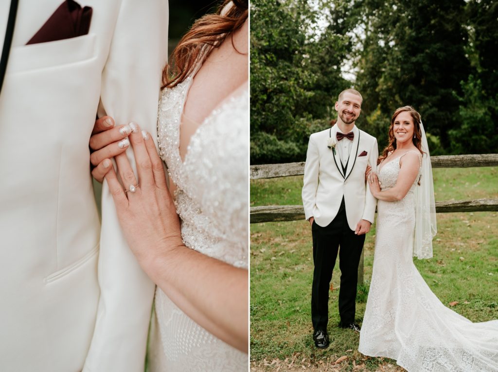 Bride holds groom's arm showing off engagement ring