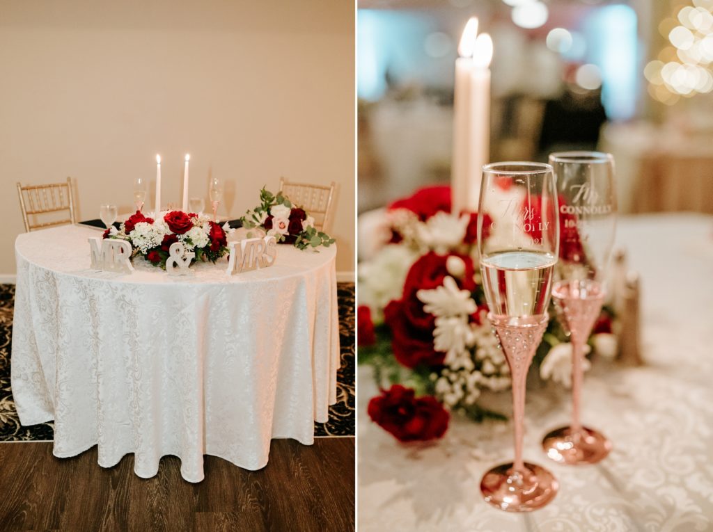 Wedding sweetheart table with custom rose gold champagne glasses