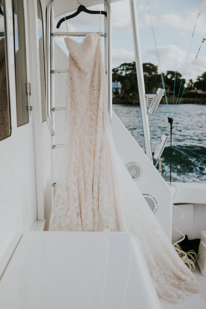 Strapless lace wedding dress for Florida bride with jeweled belt & monarch train Stuart FL yacht