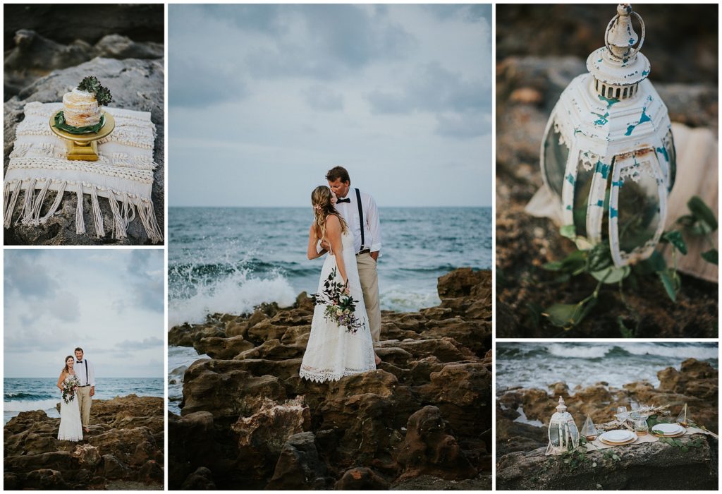 Coral Cove Beach Elopement by Jupiter Florida Wedding Photographer with couple kissing on rocky beach, and a naked cake, white tassel beach blanket, and antique lantern