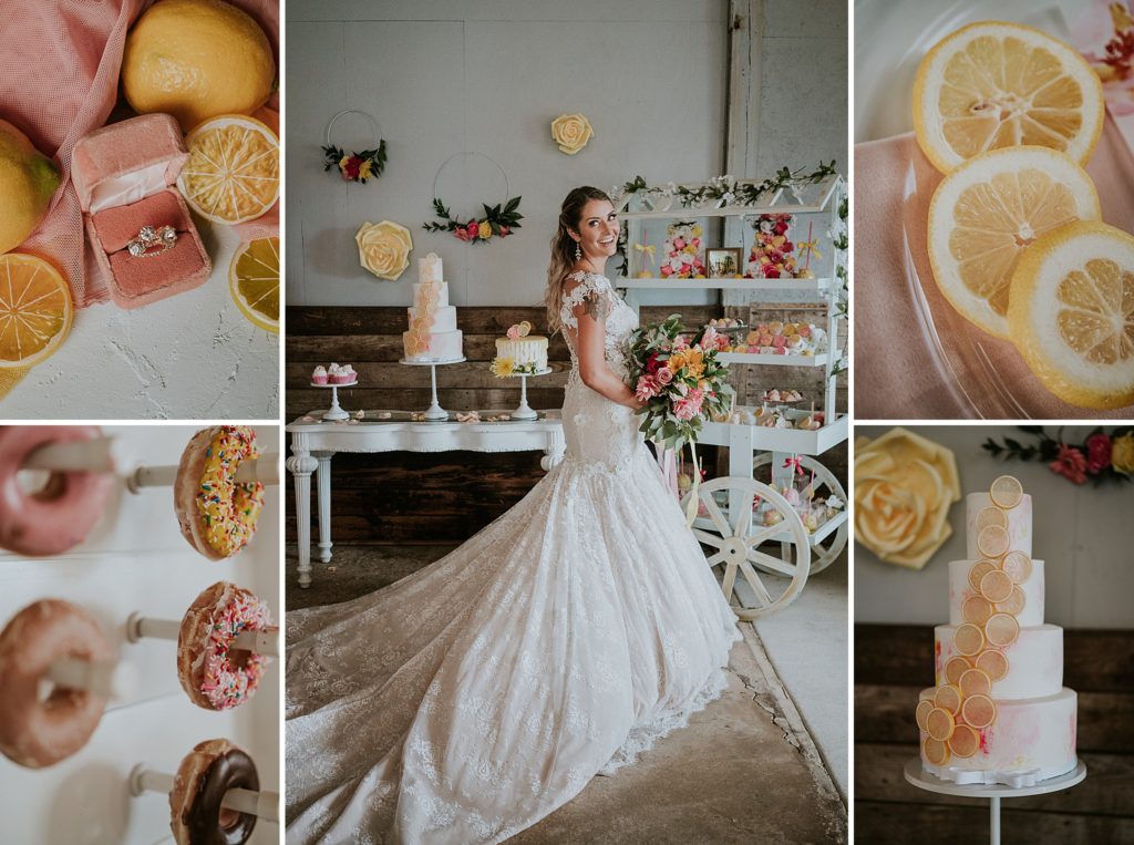 Collage of wedding details from the Pink Lemonade photoshoot styled barn wedding at Twisted Oak Farm in Vero Beach FL