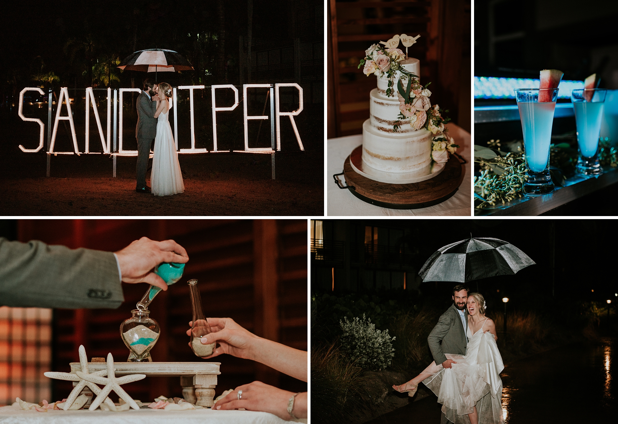 Collage of rainy day wedding photos with the Club Med Sandpiper Bay neon sign, a wedding cake, signature watermelon martini cocktails, sand ceremony, and the wedding couple out in the rain at night with an umbrella.