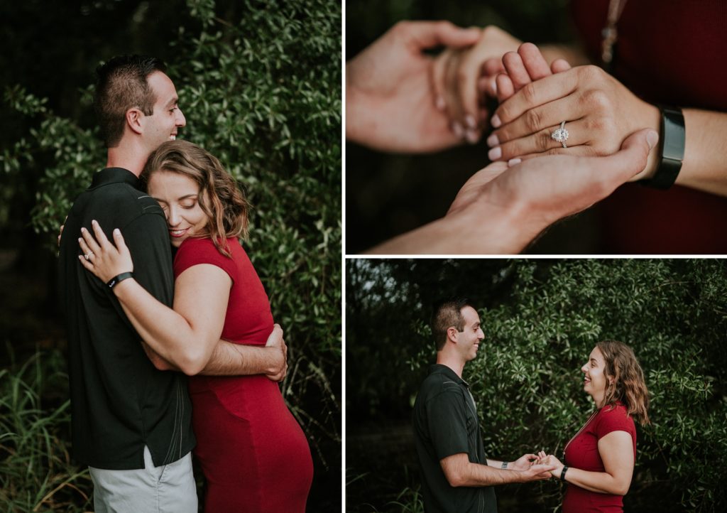 Collage of engaged couple embracing and holding hands with a close-up view of engagement ring