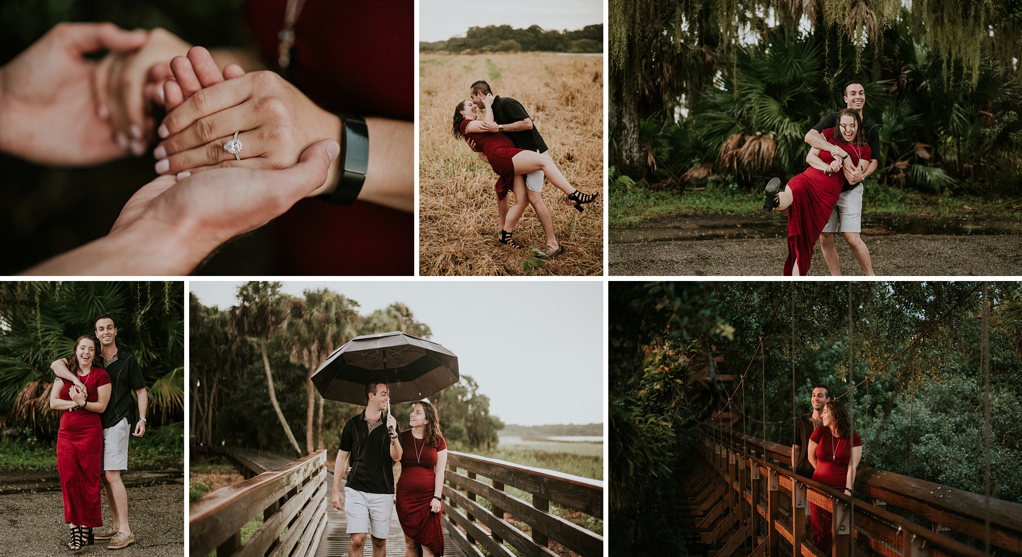 Collage of couple in the rain at Myakka River State Park for Sarasota engagement photos wearing jewel tone colors