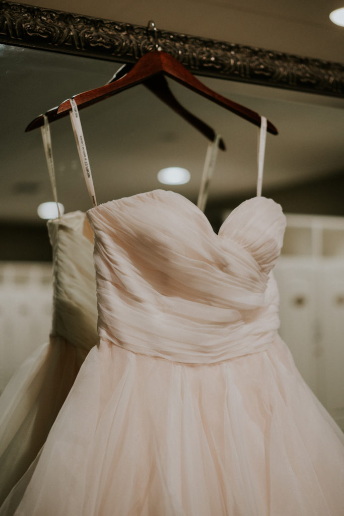 Blush pink organza ballgown wedding dress for Florida bride on mirror Wanderers Club Wellington FL