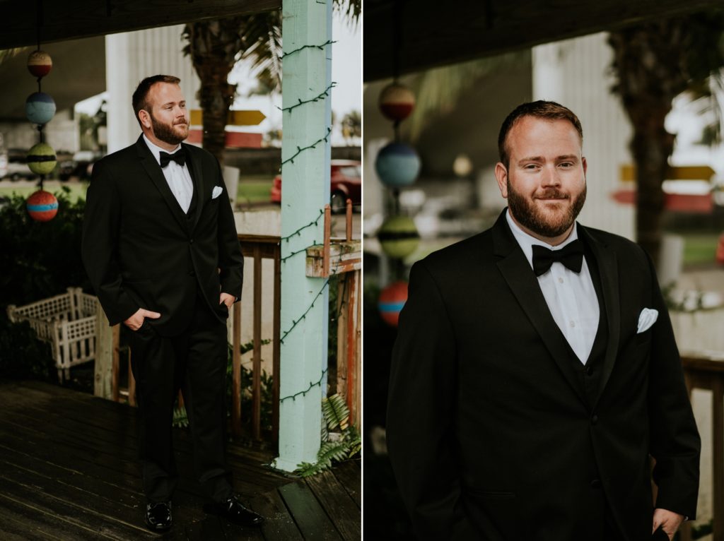 Groom wearing tux at Pelican Cafe
