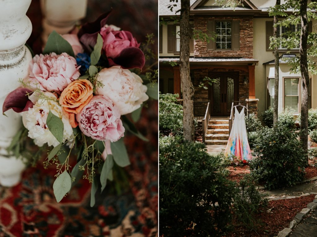 Artsy backyard wedding Atlanta GA bouquet rainbow color hand-painted wedding dress Florida elopement photography