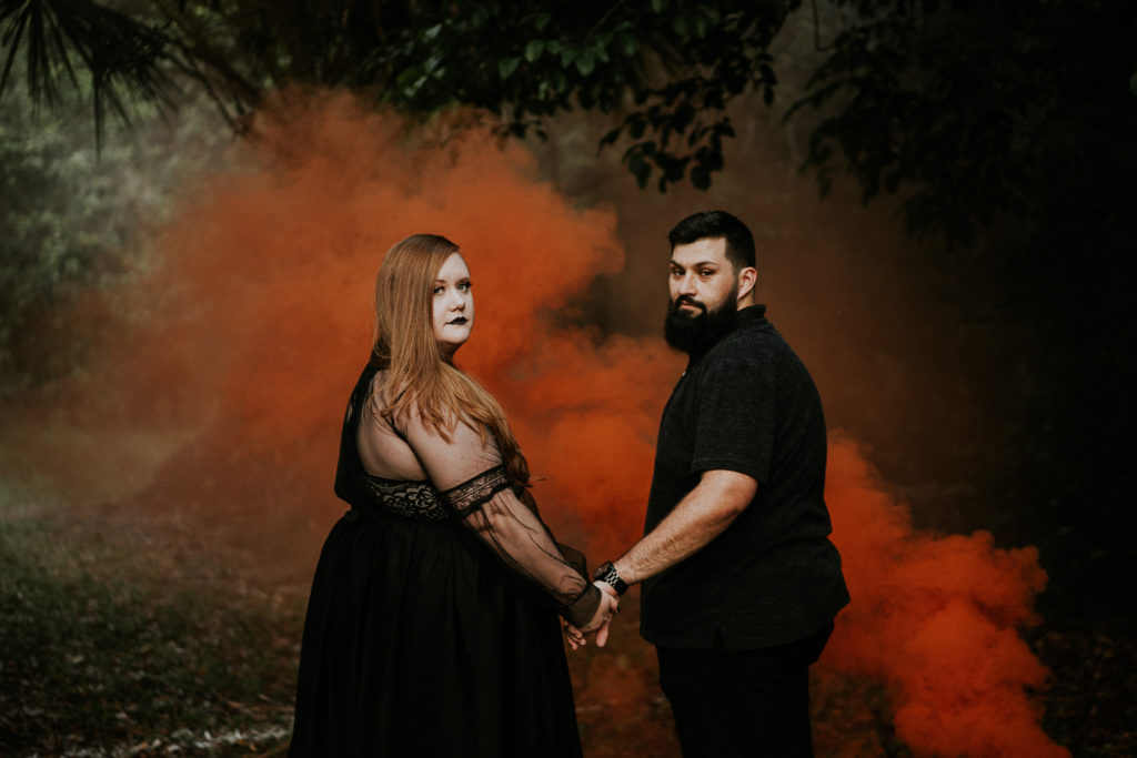 Spooky smoke bomb engagement photo location Tradewinds Park Coconut Creek FL