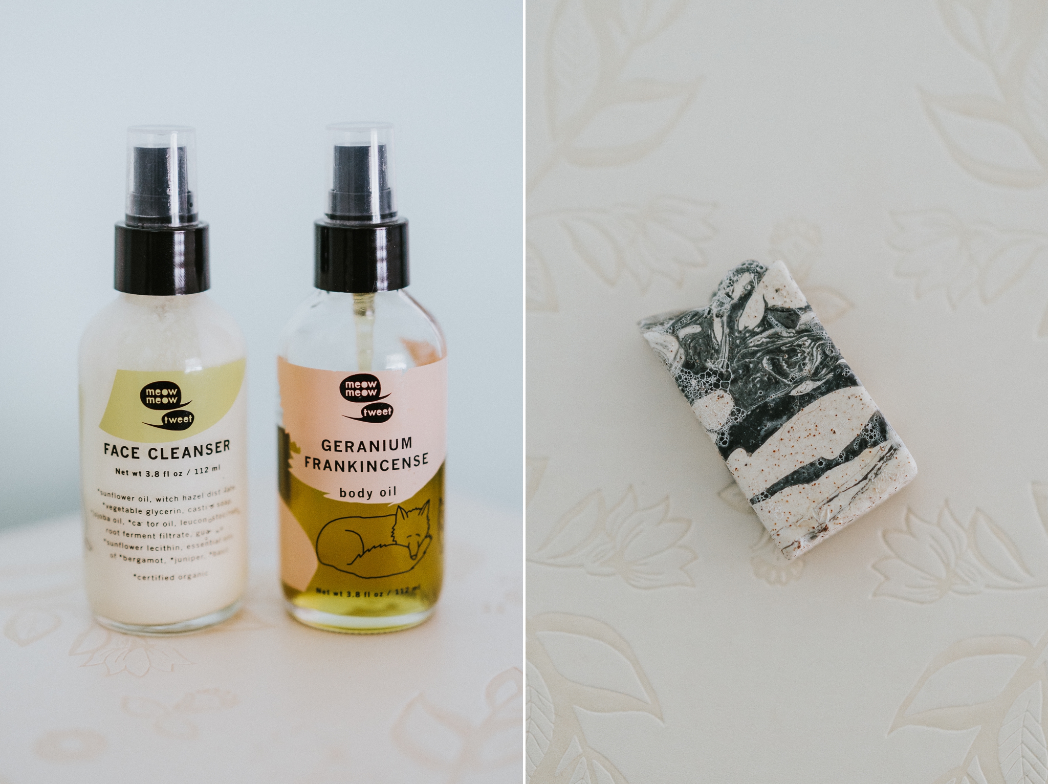 Minimalist beauty skincare routine Meow Meow Tweet face cleanser, body oil, and Finchberry charcoal soap