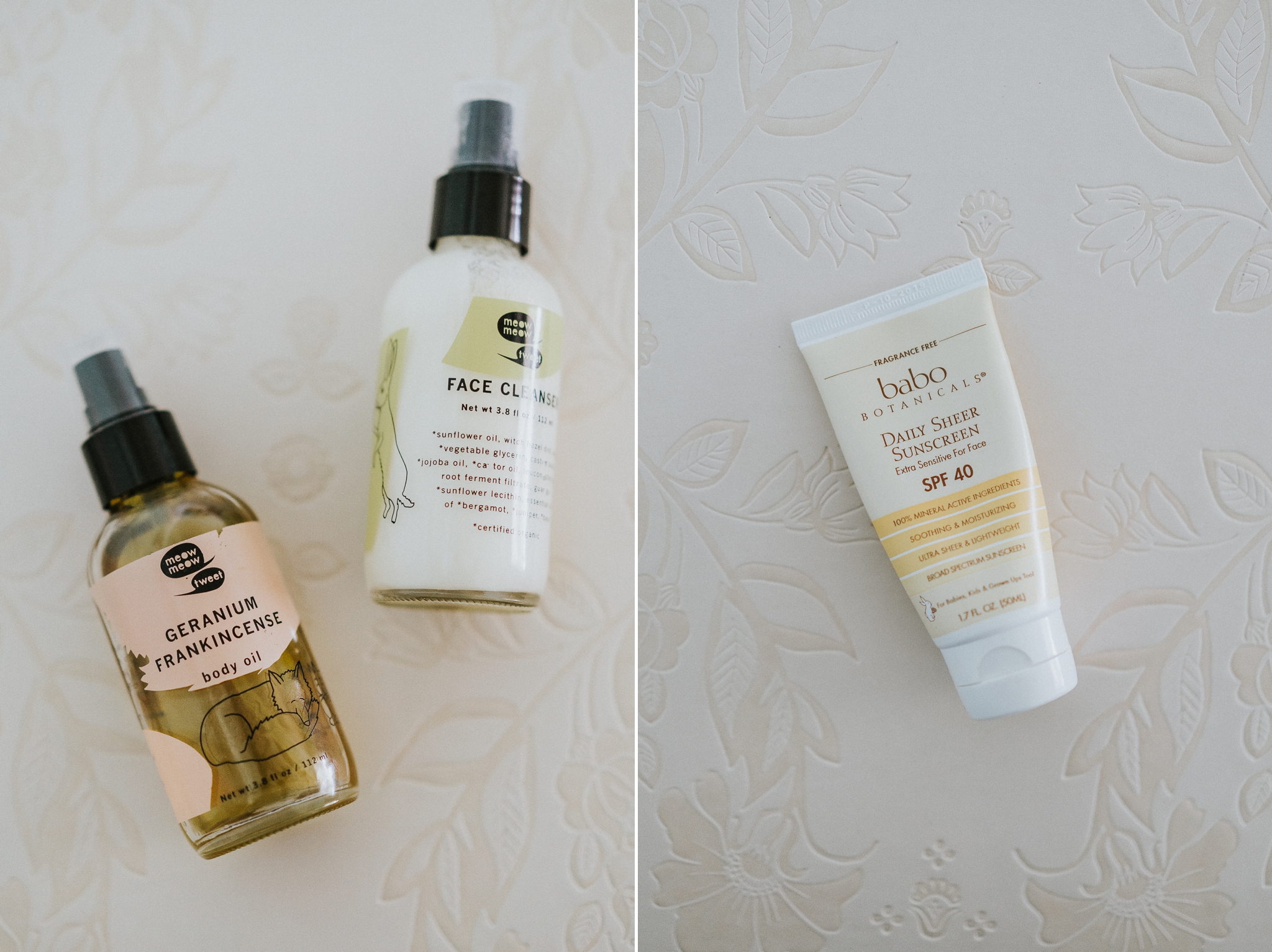 Minimalist beauty multi-use moisturizer Meow Meow Tweet body oil, face cleanser, and Babo Botanicals daily sheer sunscreen