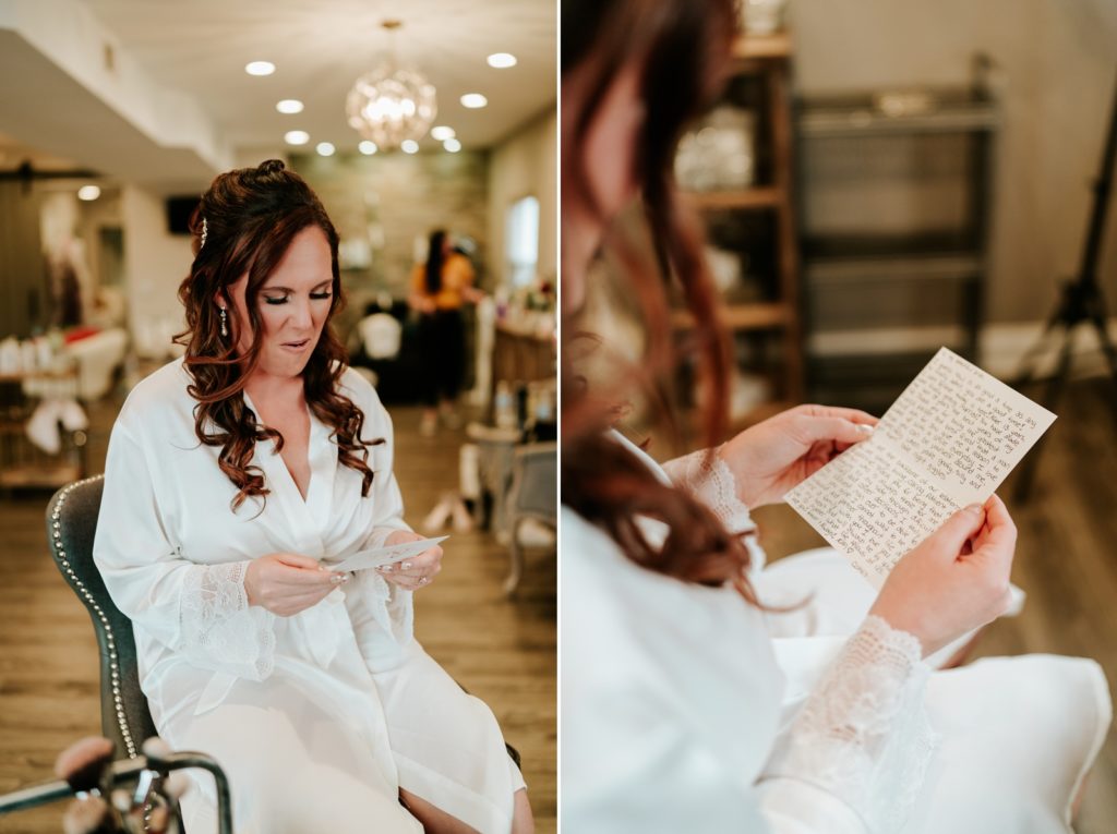 Bride reads letter from groom on wedding day getting ready at Pellegrino's Salon & Suite