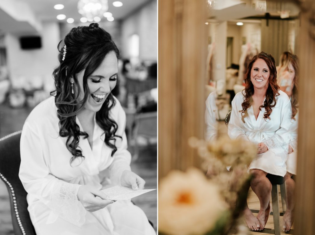 Bride laughs reading letter from groom on wedding day and smiles in mirror reflection