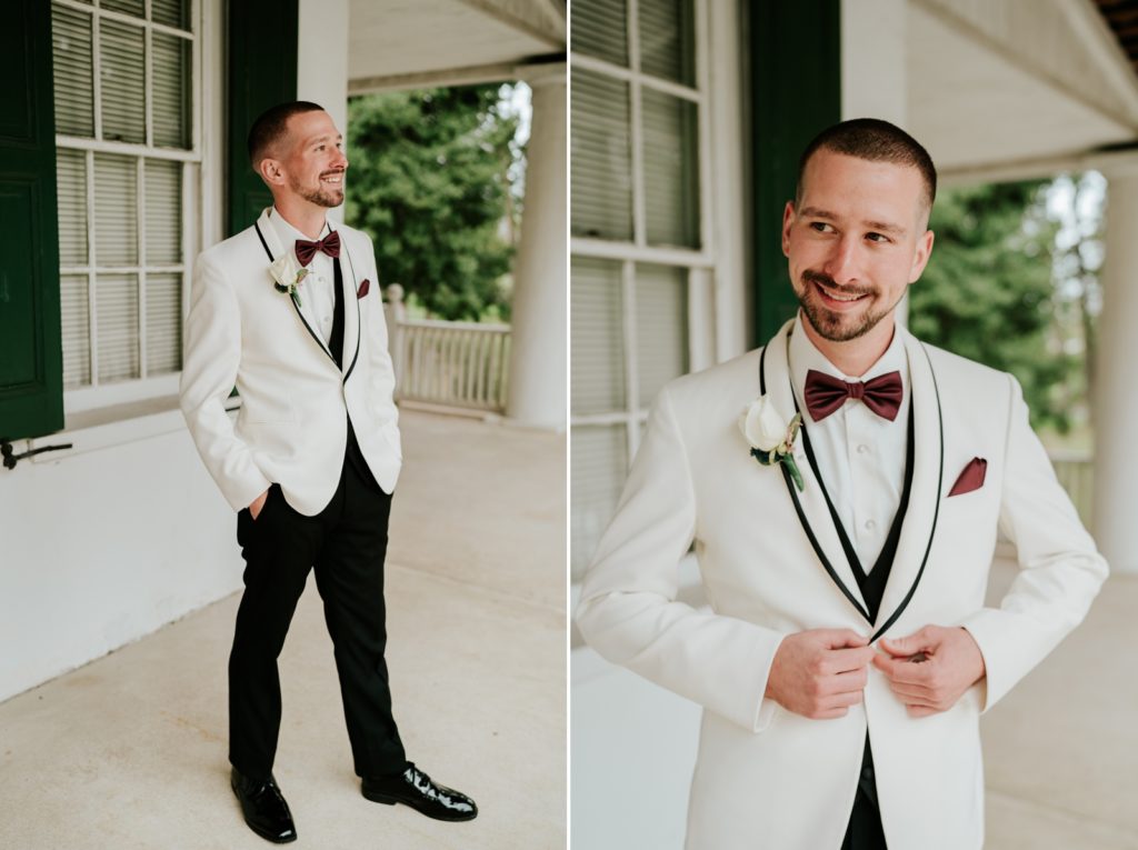Groom portraits in white suit with burgundy bowtie