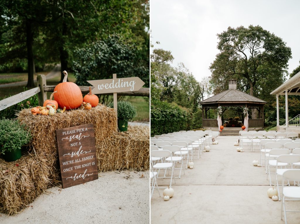 Wedding ceremony welcome sign with pumpkins and gazebo at Bensalen Township Country Club wedding