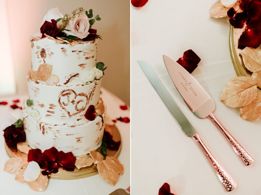 Rustic rose fall wedding cake by Sweet & Savory and custom rose gold cake serving set