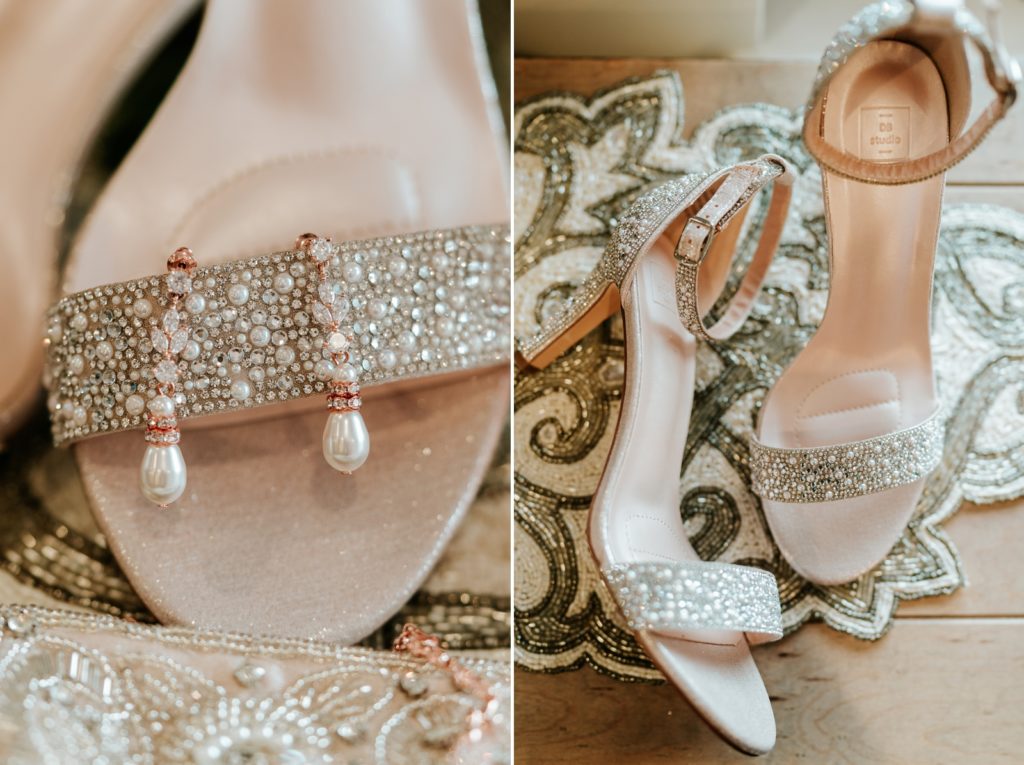 Sparkly rhinestone wedding shoes with pearl earrings