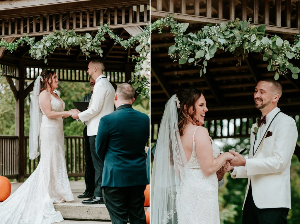 Bride and groom exchange vows and laugh under gazebo wedding ceremony